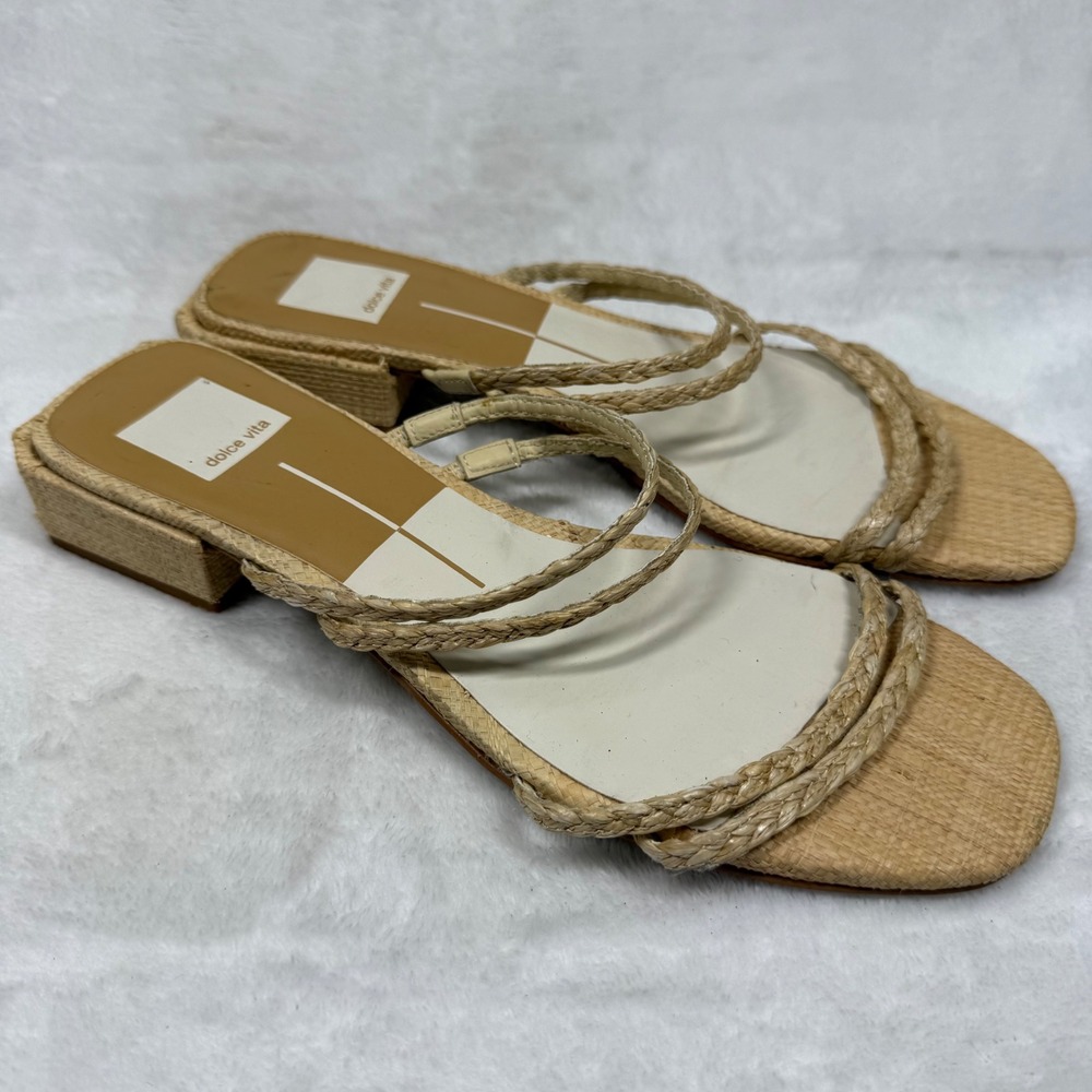Dolce Vita Paily Braided Raffia‎ Low Block Heel Slide Sandals Tan Womens 8.5